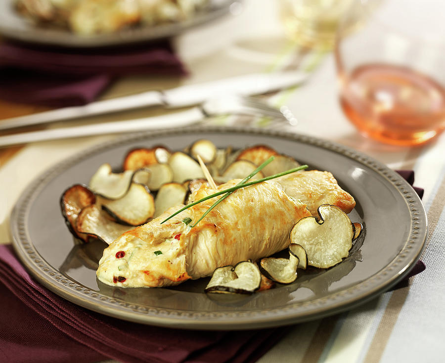 Rolled Chicken Breast Stuffed With Fromage Frais, Pan-fried Black Radish Slices Photograph by Bertram