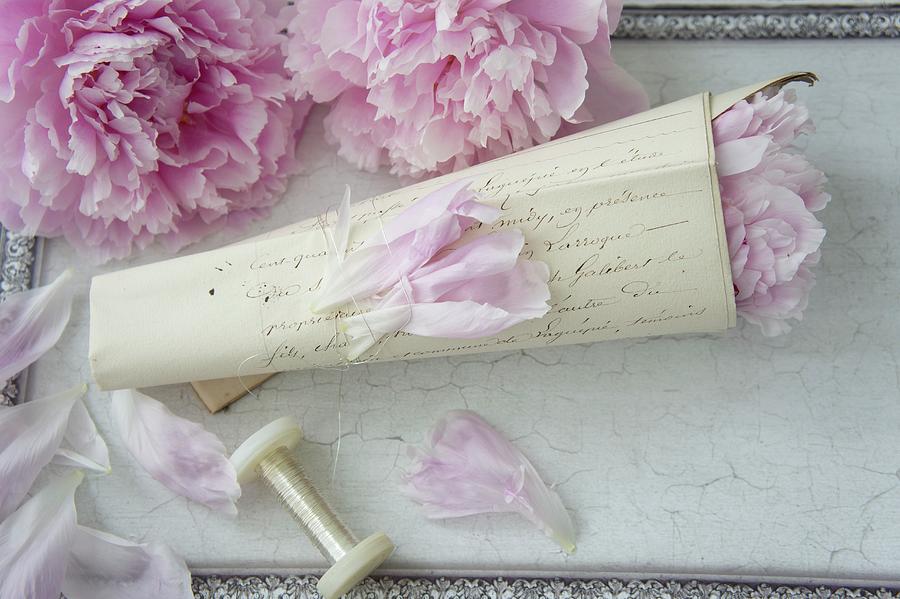 Rolled Letter Covered In Old-fashioned Handwriting And Filled With Peonies Photograph by Martina Schindler