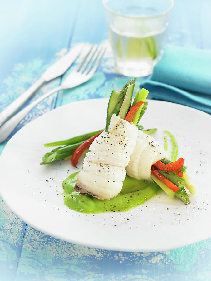 Cheese Photograph - Rolled Sole Fillets Stuffed With Sliced Zucchini, Red Pepper, Green Asparagus And Green Beans by Lawton