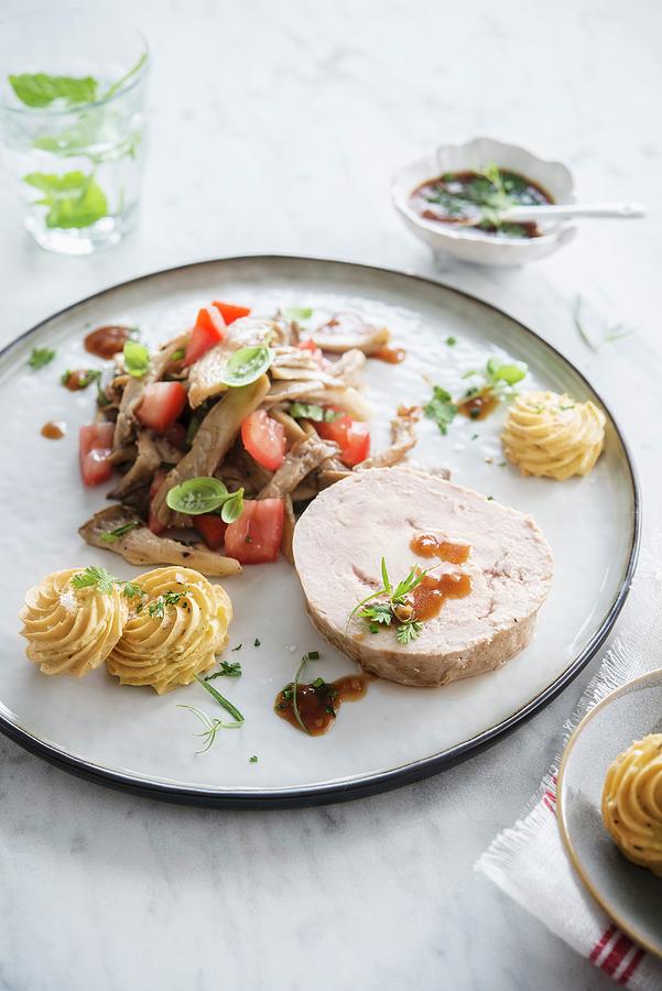 Rolled Turkey Fillet, Pan-fried Oyster Mushrooms And Tomatoes, Beer And Herb Sauce Photograph by Thys