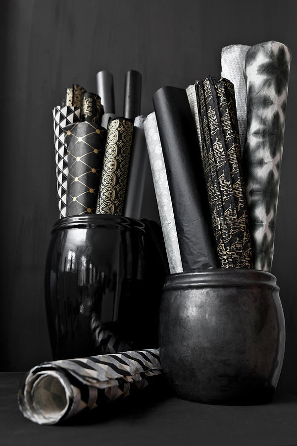 Rolls Of Paper In Black Pots Photograph by Lykke Foged & Morten Holtum