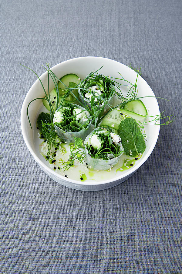 Rolls Of Rice Paper With Mint, Buffalo Ricotta And Beard Photograph by Michael Wissing