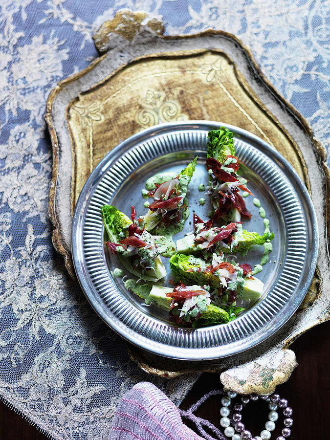 Romaine Lettuce With Bacon, Mint Puree, And Parmesan Cheese Photograph by Karen Thomas
