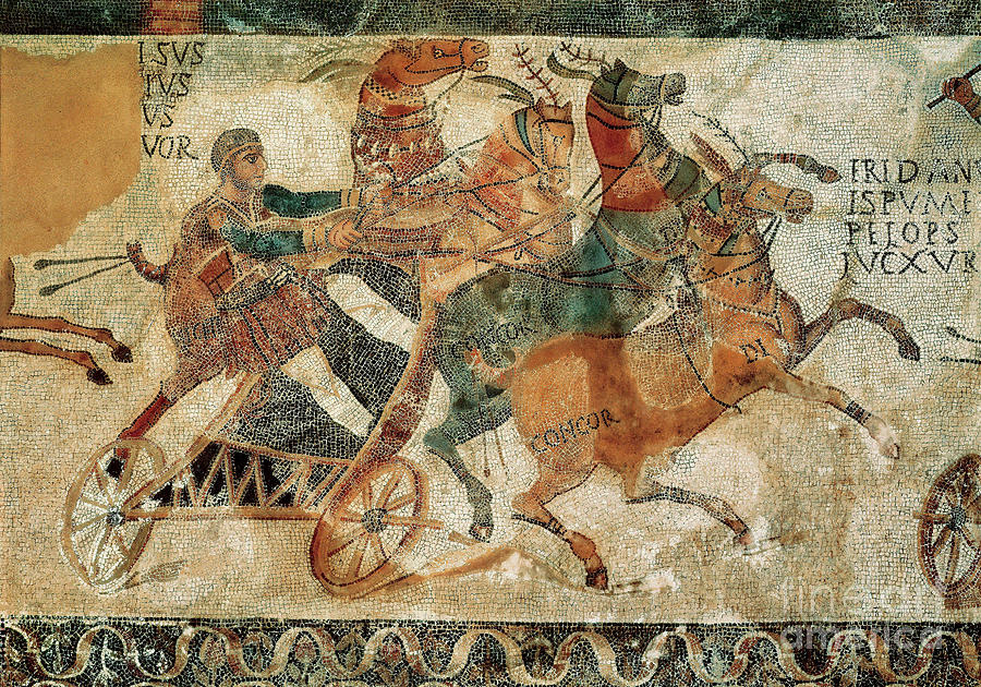 Roman Art: Mosaic Representing A Man On A Chariot Pulled By Four Horses Painting by Roman