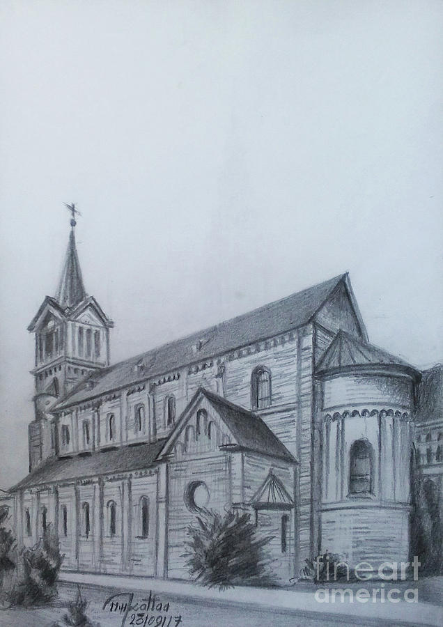 Roman Catholic Church Mannheim Drawing by Mohammad Hayssam Kattaa