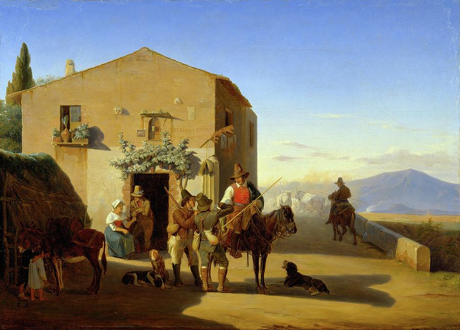 Horse Painting - Roman Country People Outside The Osteria At Ponte Mammolo by Jorgen V Sonne