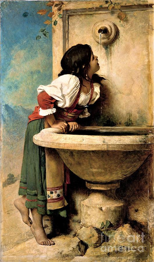 Fountain Painting - Roman girl at fountain by Thea Recuerdo