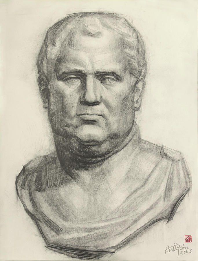 Roman king plaster statue-ArtToPan drawing-portrait realistic carbon pencil sketch Painting by Artto Pan