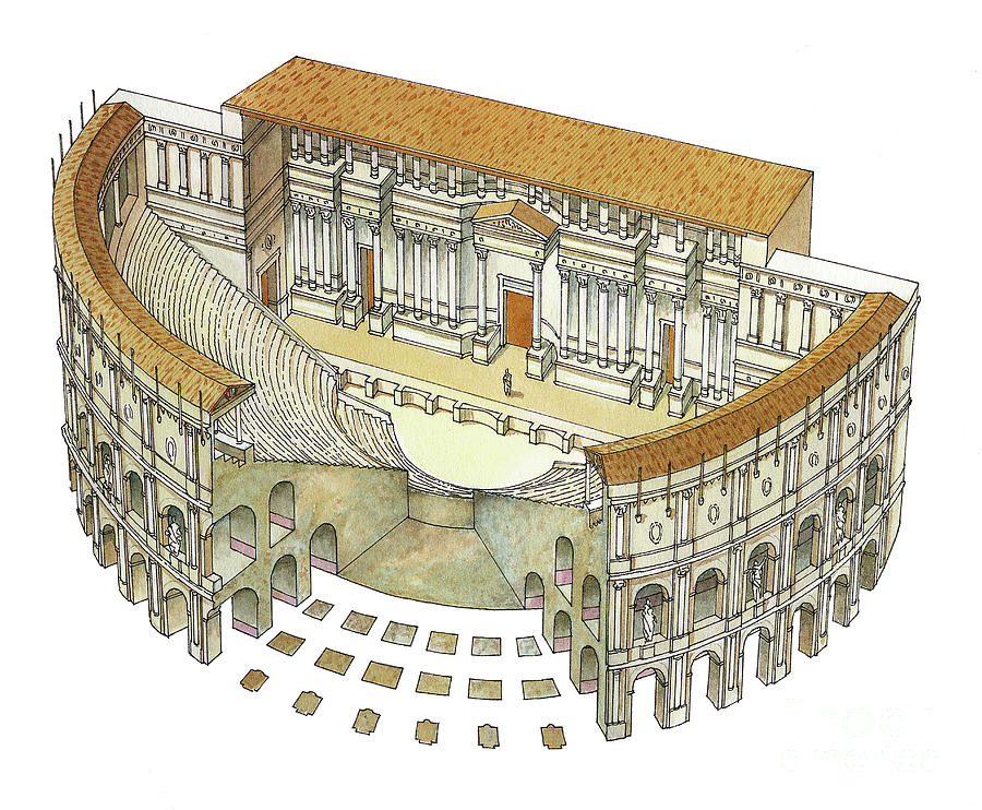 Roman Theater, Ink And Watercolor Painting by Fernando Aznar Cenamor