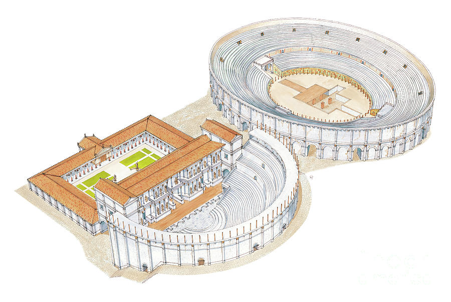 Roman Theatre And Amphitheatre Reconstruction Merida, Spain Painting by Fernando Aznar Cenamor