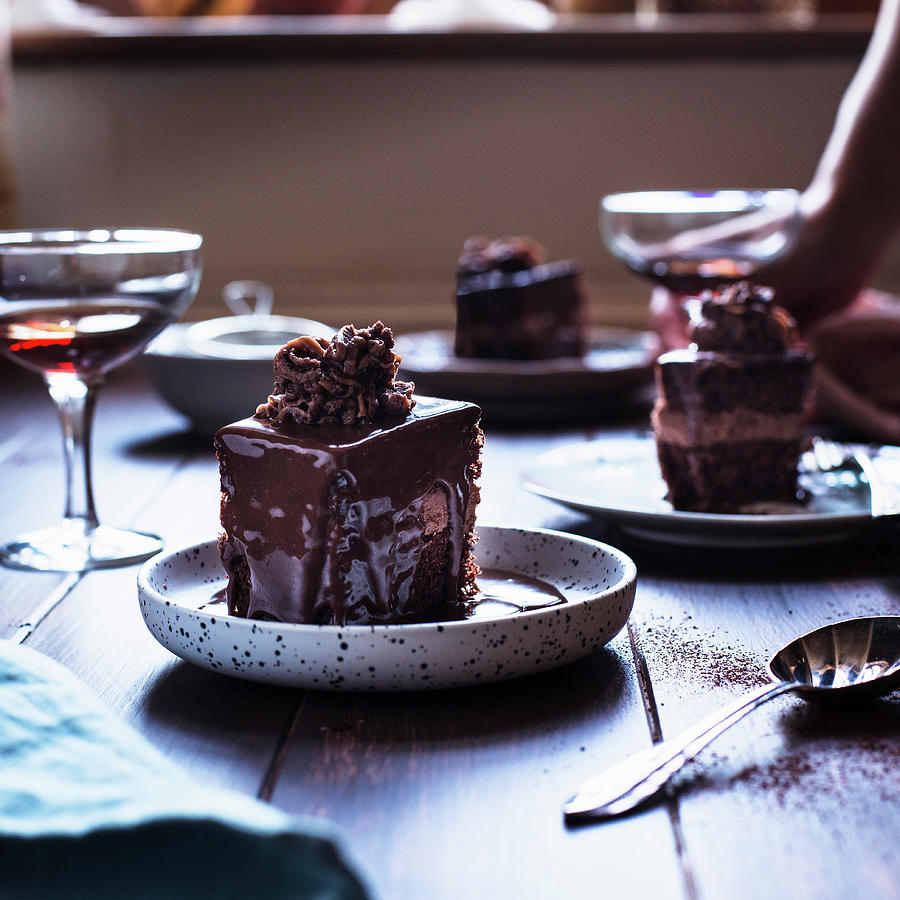 Romanian Amandine Layered Chocolate Cake Coffee Rum And Chocolate Filling Chocolate Topping Photograph by Irina G