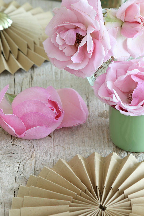 Romantic Arrangement Of Roses And Brown Paper Rosettes Photograph by Regina Hippel
