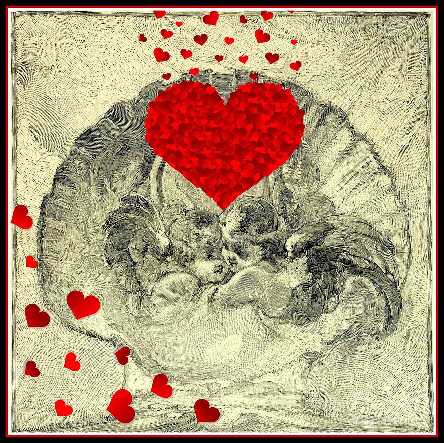 Romantic Valentine Cherubs with Hearts and Scallop Shell Mixed Media by Peter Ogden