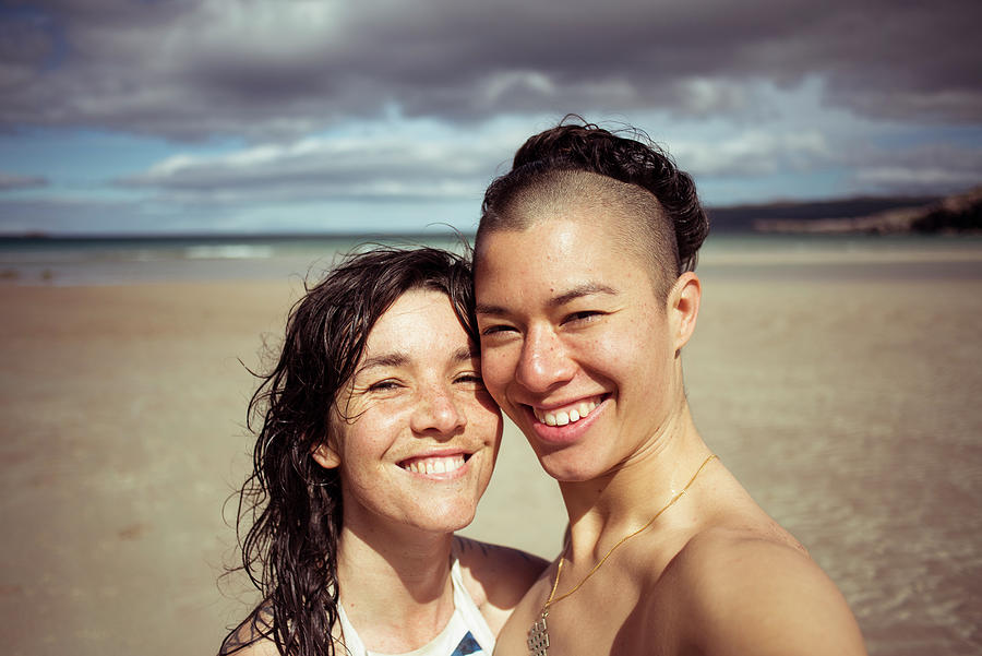Romantic Happy Selfie By Lesbian Couple On Beach Photograph By Cavan