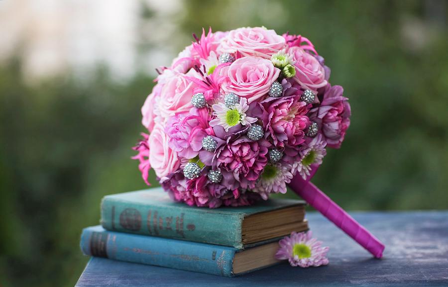 Romantic, Pink Bridal Bouquet Arranged With Blue, Antiquarian Books Photograph by Alicja Koll