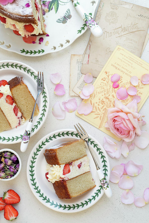 Romantic Strawberry And Rose Layer Cake On Vintage Plates With Roses Photograph by Lucy Parissi