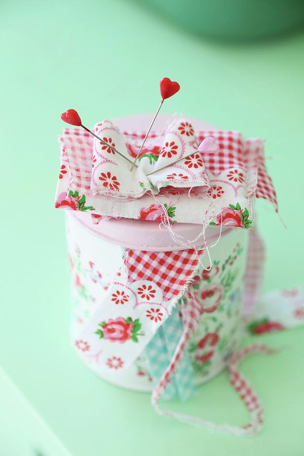 Romantic Tin Of Sewing Utensils With Heart-headed Pins And Scraps Of Rose-patterned Fabric Photograph by Syl Loves