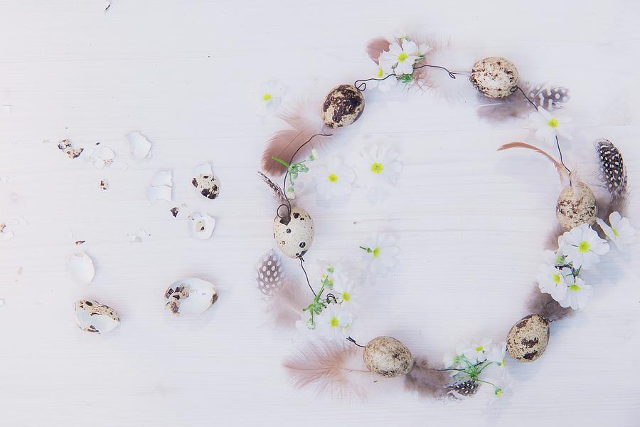 Romantic Wire Wreath, Quail Eggs, Feathers And White Flowers Photograph by Bildhbsch