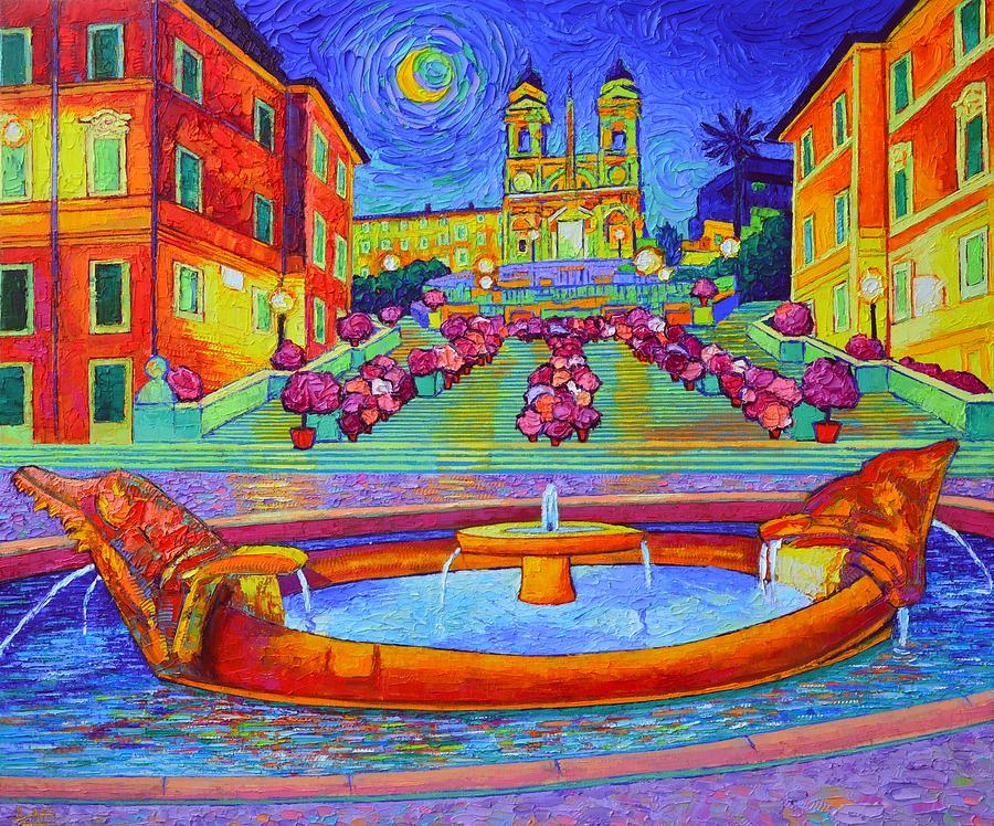 ROME SPANISH STEPS BY MOONLIGHT textural impressionist impasto knife oil painting Ana Maria Edulescu Painting by Ana Maria Edulescu