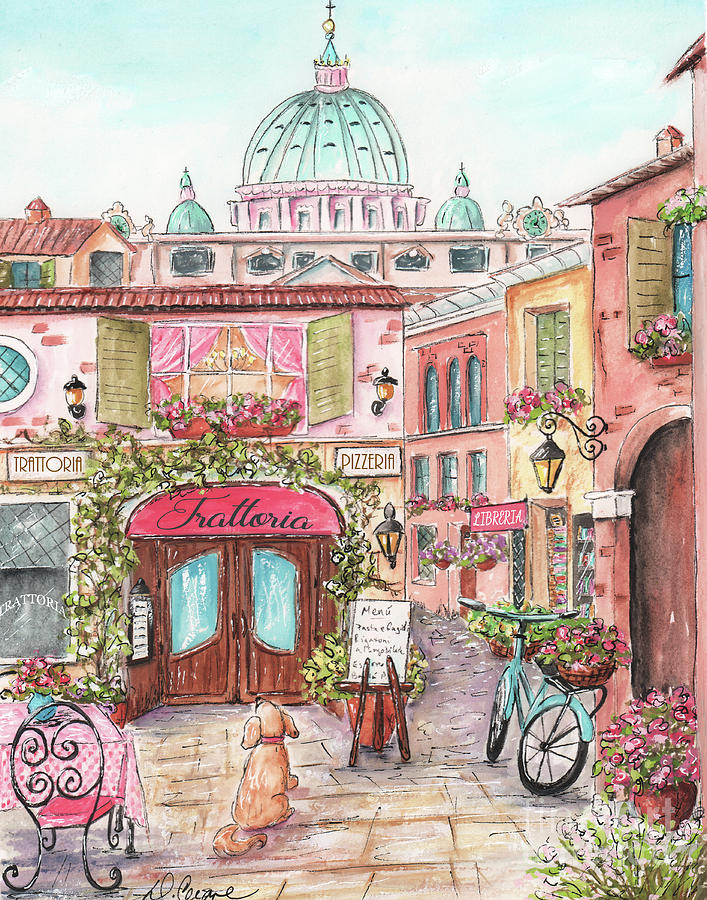 Dog Painting - Rome Trattoria Watercolor by Debbie Cerone