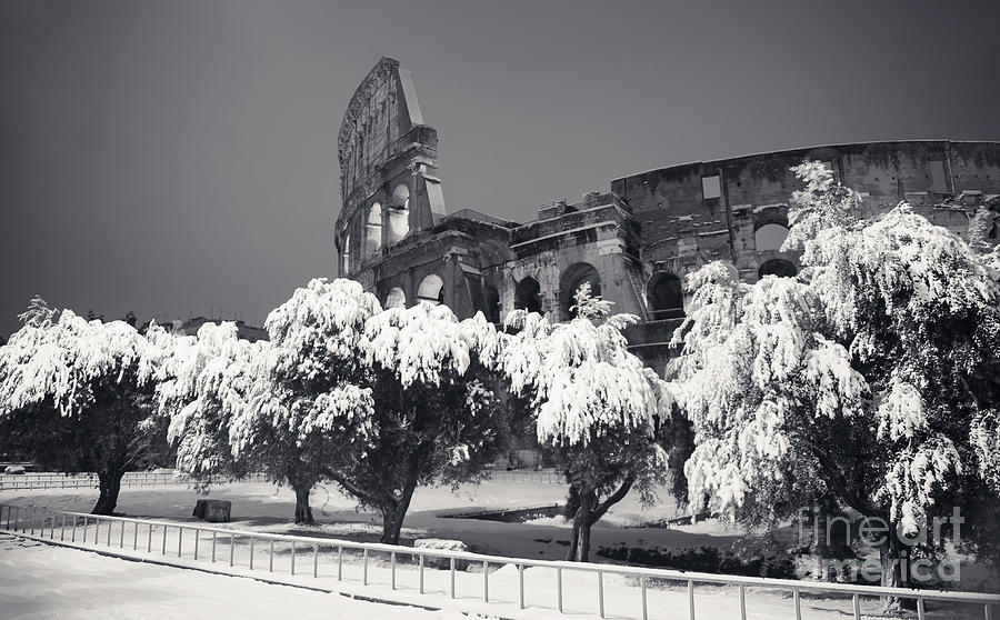 Rome Under Snow - Colosseum Black And White Photograph