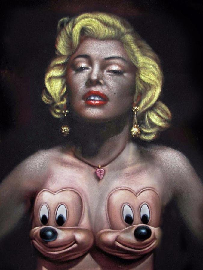 Vintage Painting - Ron English inspired oil painting of Marilyn Monroe Nude Mickey Mouse by Argo