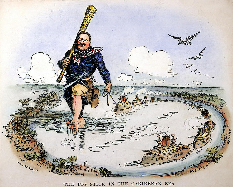 Roosevelt Cartoon - The Big Stick in the Caribbean Sea Drawing by William Allen Rogers