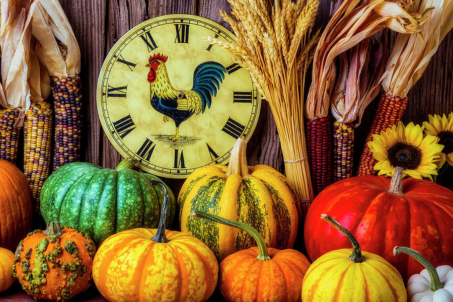 Rooster Clock And Pumpkins Photograph by Garry Gay