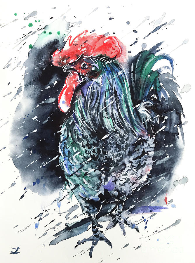 Rooster in the Rain Painting by Zaira Dzhaubaeva
