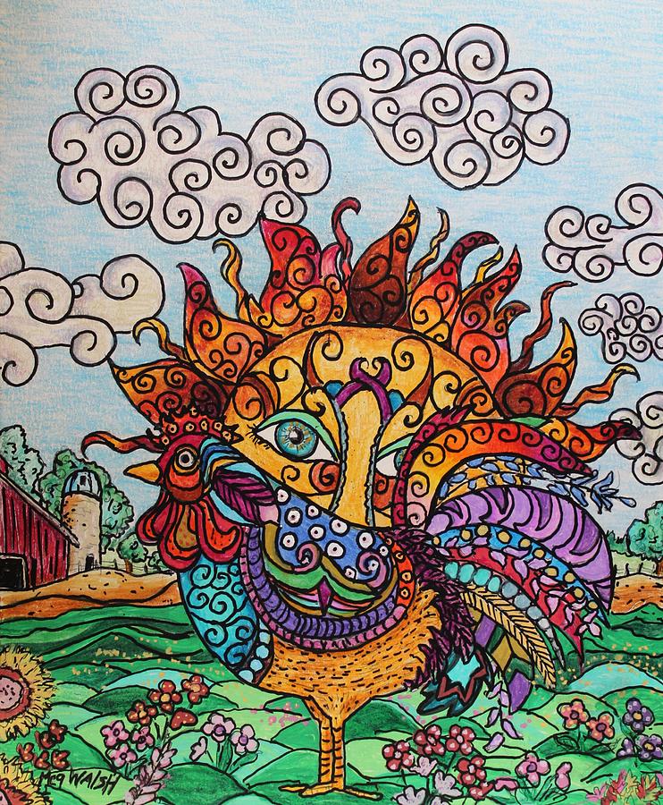Rooster sunrise Drawing by Megan Walsh