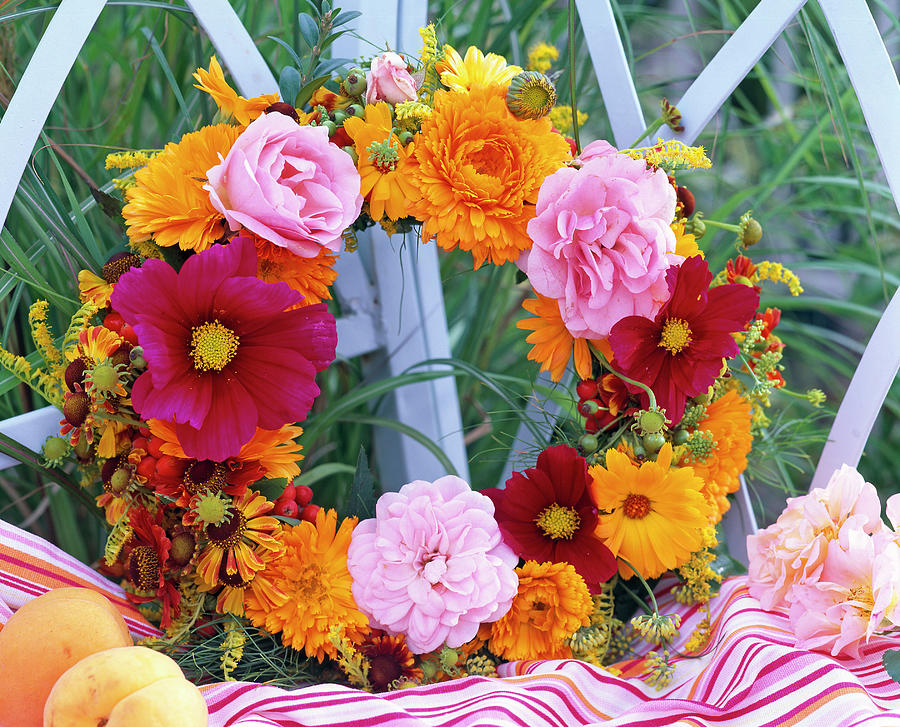 Rosa, Calendula And Cosmos Flowers Wreath Photograph by Friedrich Strauss