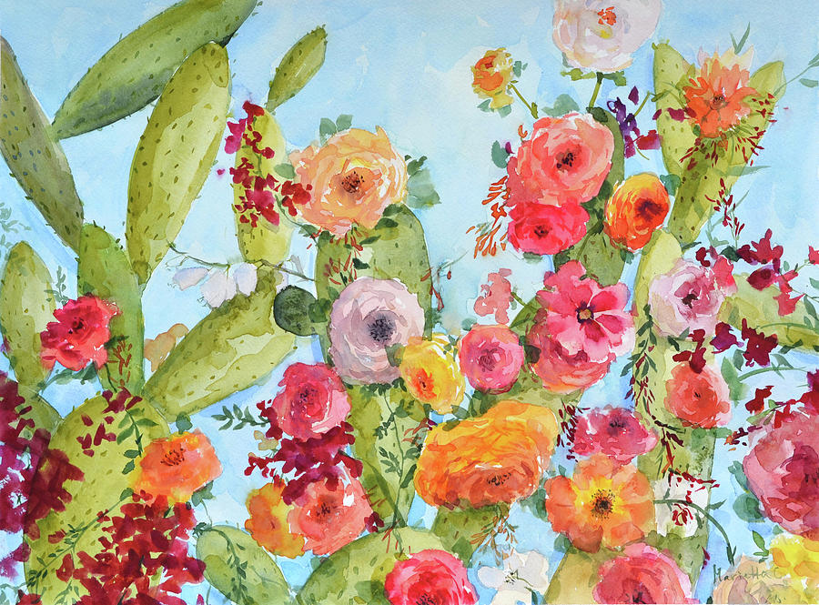 Rose Painting - Rose And Cactus Garden by Marietta Cohen Art And Design