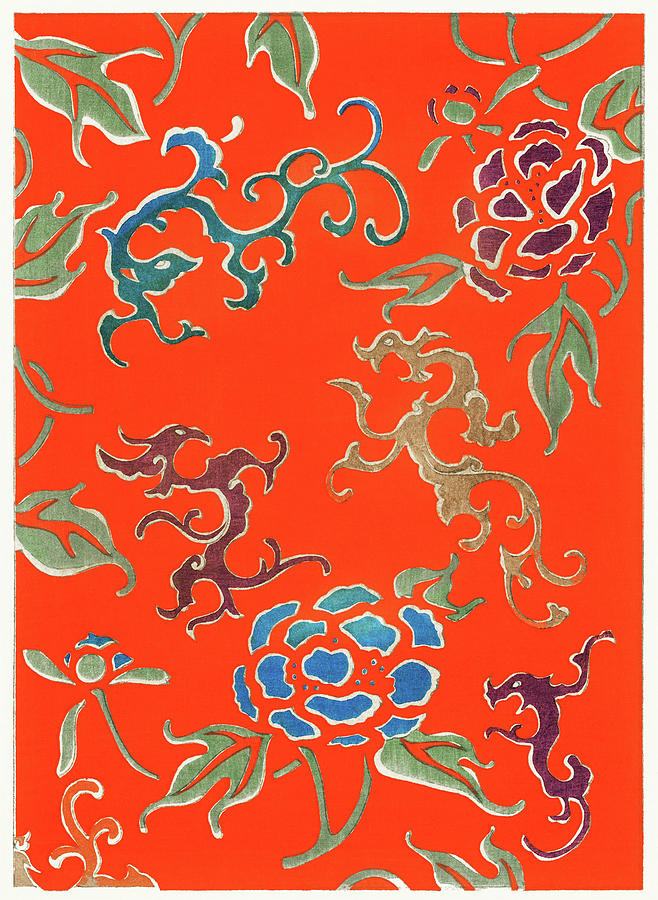 Dragon Painting - Rose and Dragon - Japanese traditional pattern design by Watanabe Seitei