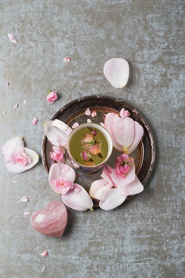 Rose Blossom Tea, Rose Quartz And Rose Petals Photograph by Mandy Reschke
