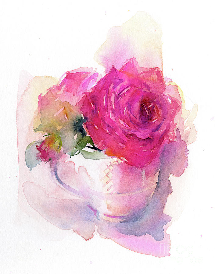 Rose In Teacup, 2017 Watercolor Painting by John Keeling