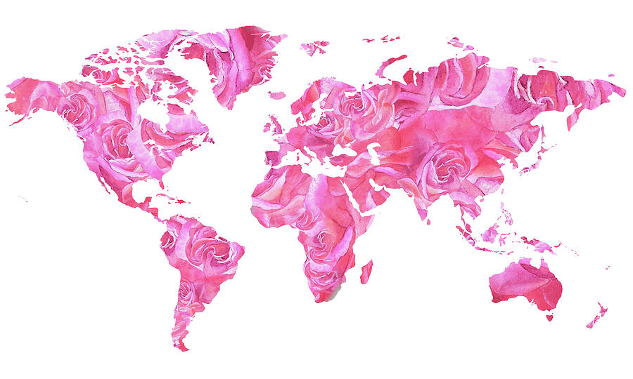 Rose Petals Abstract Watercolor World Map Painting by Irina Sztukowski