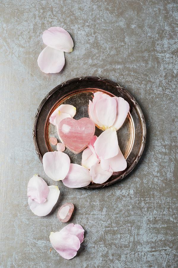 Rose Quartz With Rose Petals On A Silver Plate Photograph by Mandy Reschke