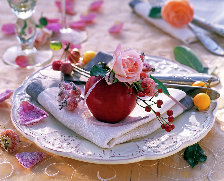 Rose Rosehips And Malus On White Napkin Photograph by Friedrich Strauss