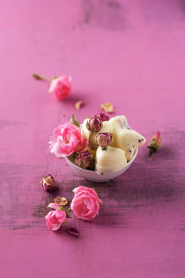 Chocolate Still Life Photograph - Rose-scented Bath Pralines Made From Cocoa Butter by Mandy Reschke