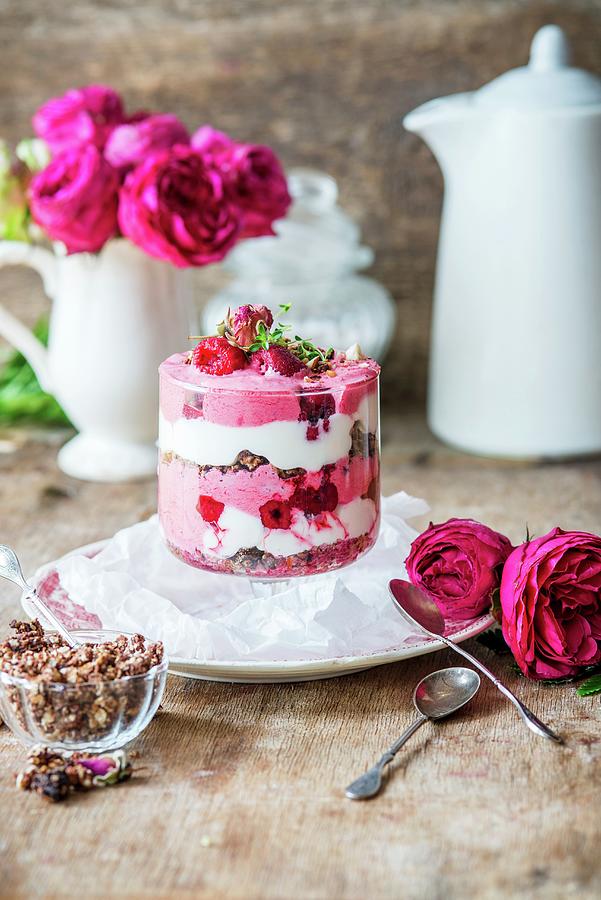 Rose Water Parfait With Cereal And Raspberries Photograph by Irina Meliukh