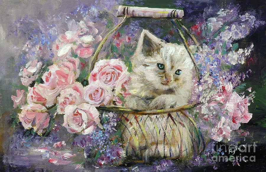 Rosebuds, Lilac and Kitten in Copper Wire Basket Painting by Ryn Shell