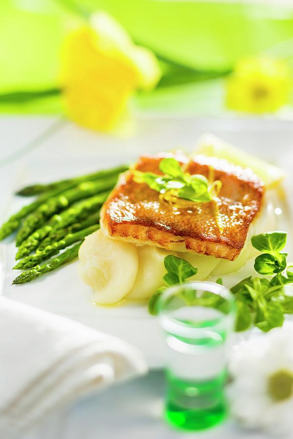 Rosefish With Asparagus And Mashed Potatoes Photograph by Lukasz Zandecki