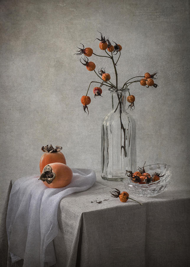 Rosehips And Persimmons Photograph by Inna Karpova
