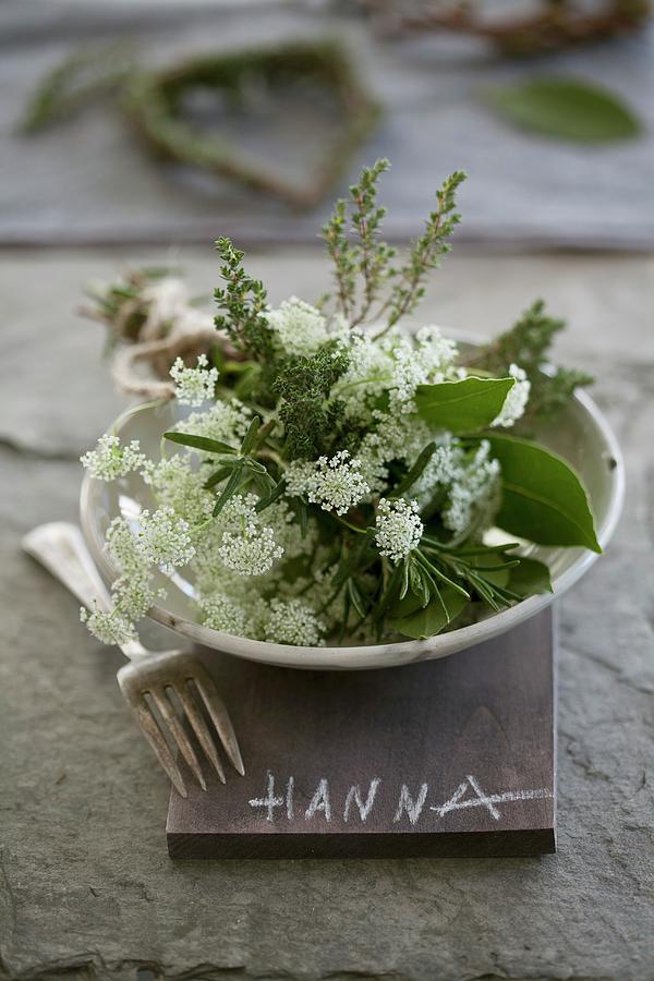 Rosemary, Thyme, Cow Parsley And Bay Leaves In A Dish Photograph by Martina Schindler