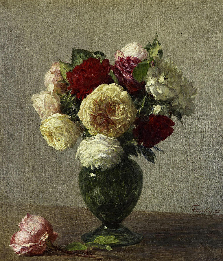 Fine roses flowers in glass vase canvas art Oil painting Henri Fantin Latour 