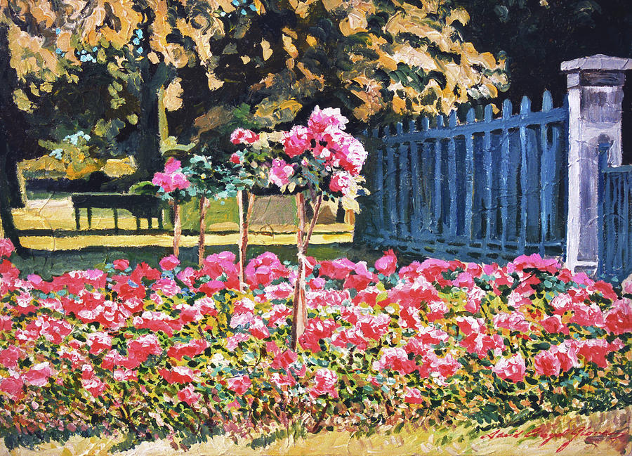 Roses along the Blue Fence Painting by David Lloyd Glover