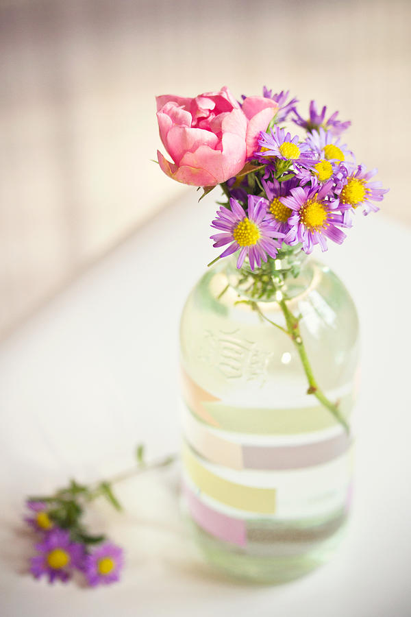 Roses And Aster In Glass Bottle Photograph by Helena Schaeder Söderberg