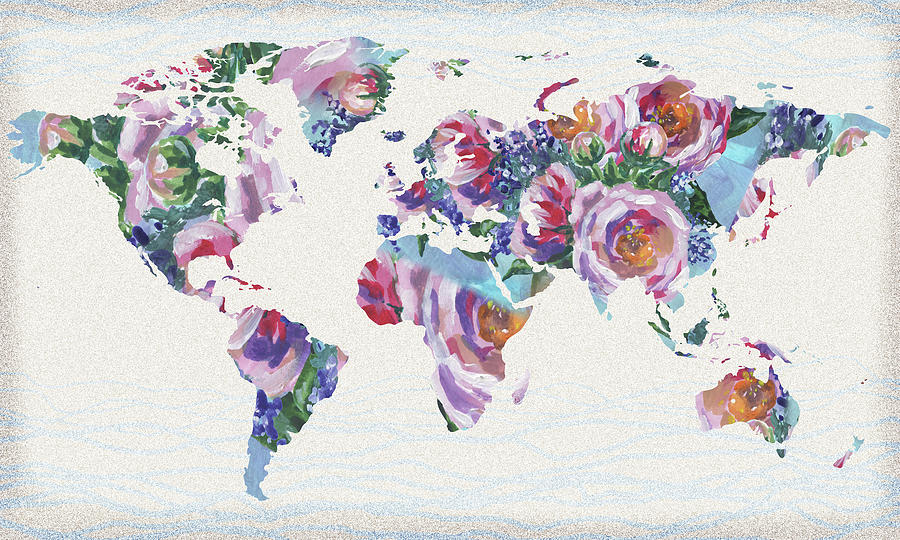 Roses And Blue World Map Painting by Irina Sztukowski