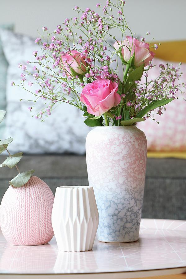 Roses And Pink Gypsophila In Mottled Vase Photograph by Marij Hessel