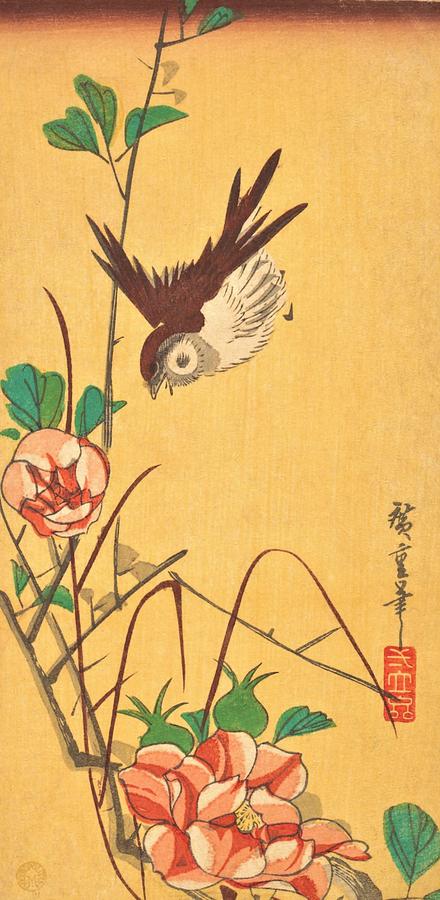 Sparrow Painting - Roses and Sparrow by Utagawa Hiroshige